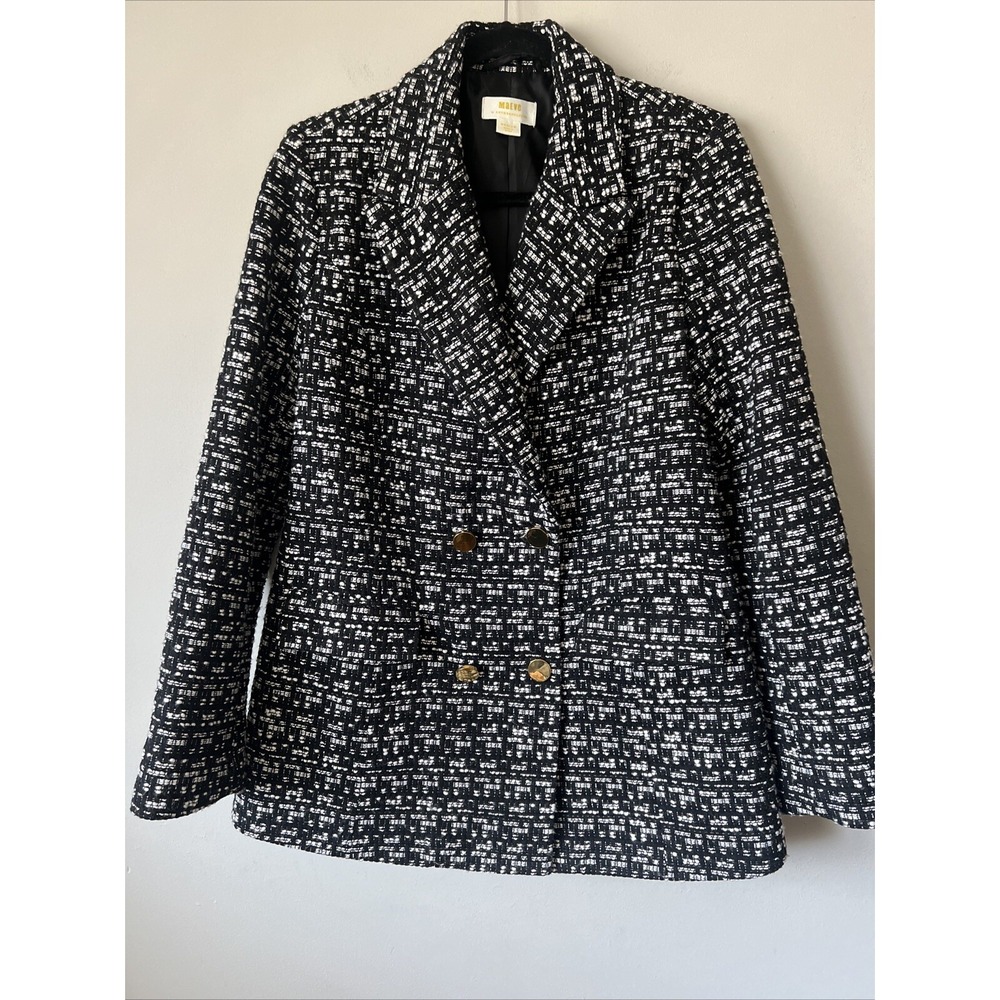 Anthropologie Maeve Boucle Tweed Jacket Blazer Size M Black White Gold Button